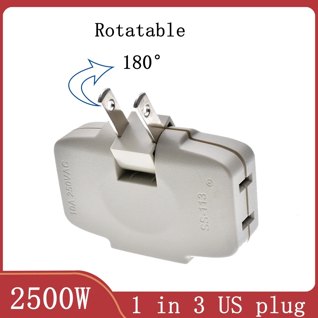 3 in 1 Extension Plug Adapter 2-prong Rotatable Socket Converter 2500W 10A US Plug Socket Indoor Wall Tap Power Outlet