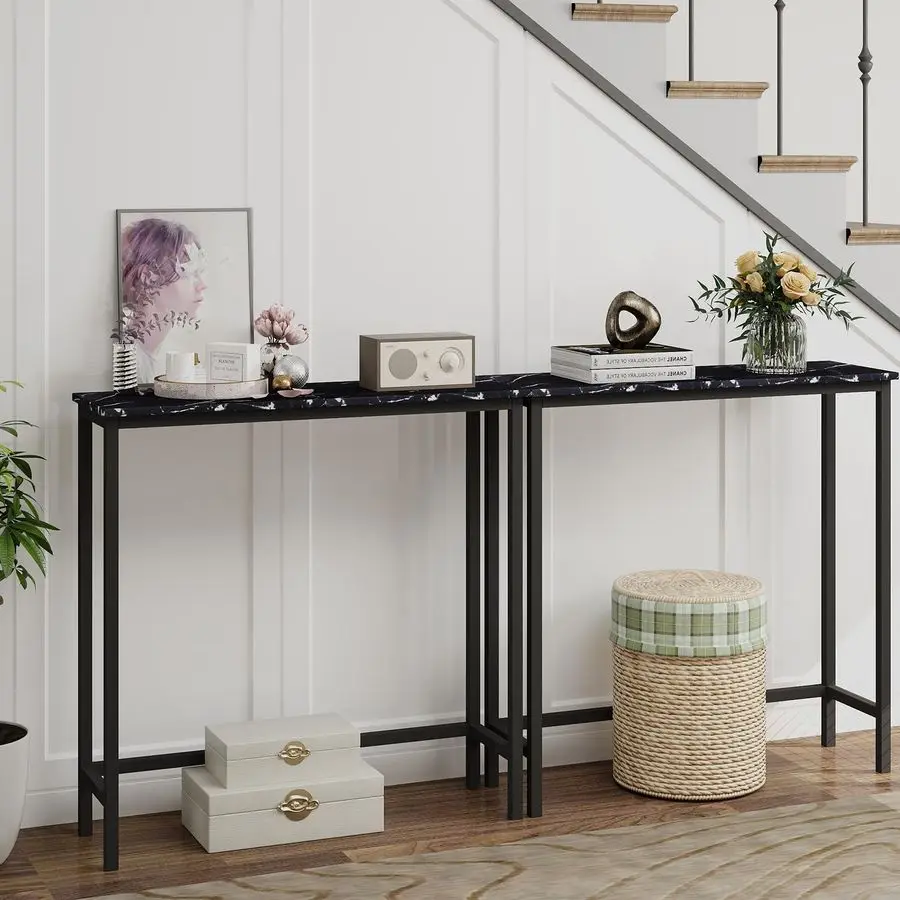 

Узкий диван и консольный столик, узкий столик для прихожей 29,5 дюйма, подставка для дивана, полка для прихожей, для спальни, гостиной, фойе, черный мрамор