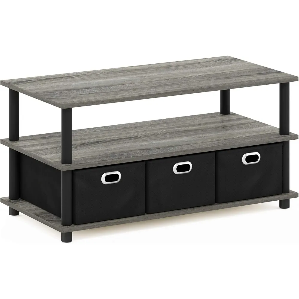 Modern 3-Tier Coffee Table with Storage Bins, French Oak Grey Finish, Easy Assembly for Living Room