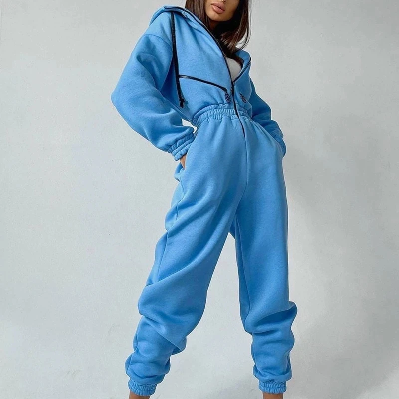 SUSOLA Fleece Hoodie Overalls Frauen Herbst Winter Casual Zipper Kordelzug Kapuze Overall Weibliche Einteilige Strampler Trainingsanzüge