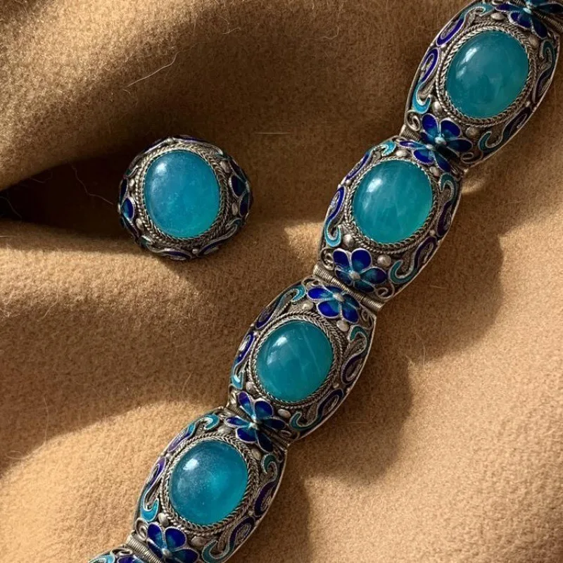 silver 925 inlaid blue-green filigree Tianhe stone bracelet for women retro exquisite enamel bangles ethnic style jewelry