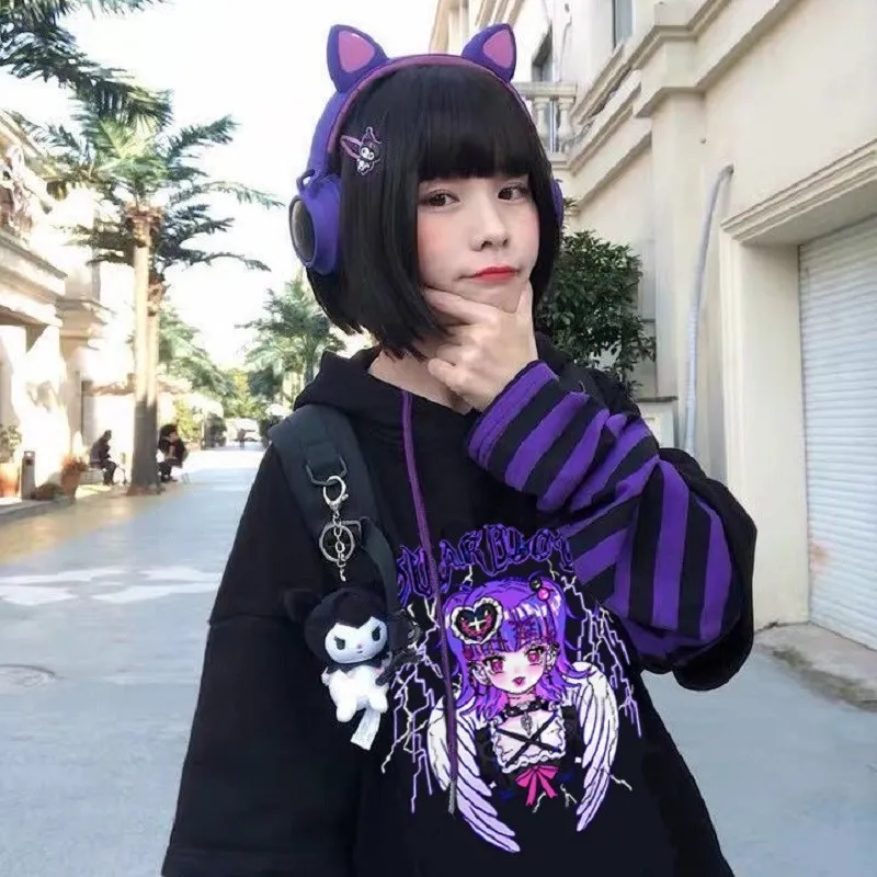 Goth Punk błyskawica anioł bluza z kapturem imitacja dwuczęściowej bluzy z kapturem w paski patchworkowe bluzy z kapturem damskie 2022 Gothic