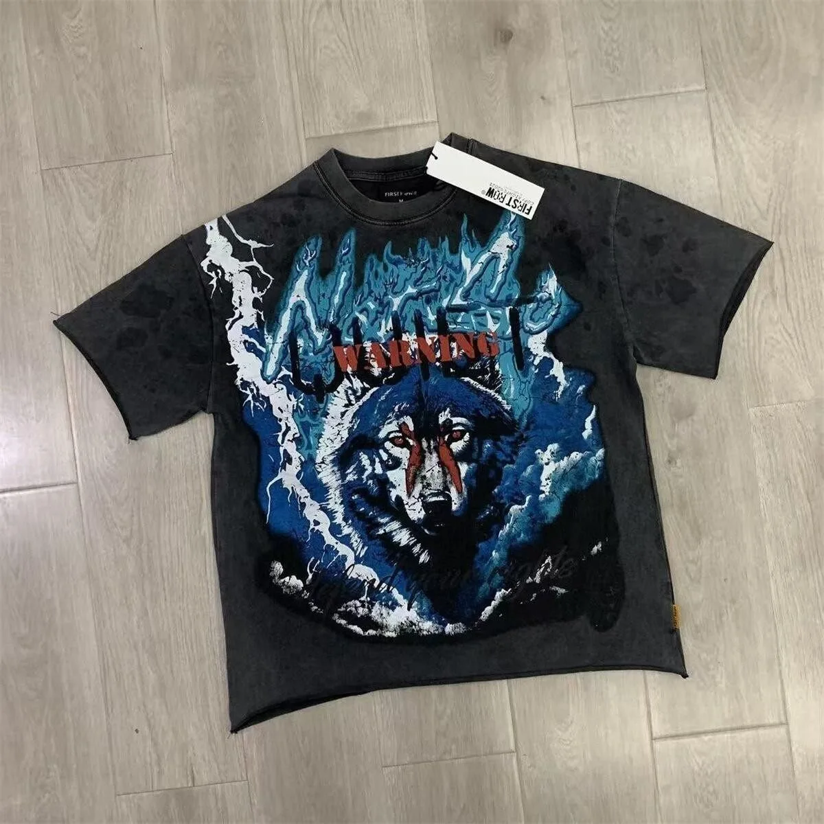 First Row Retro Vintage Washed Short-Sleeved T-Shirt with Street Lightning Print Hip-Hop Loose Casual Shirt