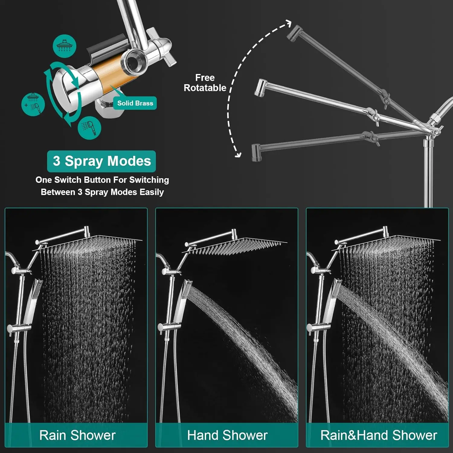 رأس دش مطري معدني مقاس 10 بوصة مع رذاذ محمول، تصميم مربع عالي الضغط، ذراع قابل للتعديل 16 بوصة ومحول ثلاثي الاتجاهات #5