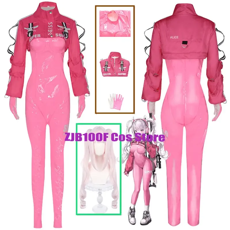 Pu NIKKE Alice Cosplay Costume Anime Alice Bodysuit Coat Wig Cosplay Latex Catsuit Jumpsuit Jacket Suit