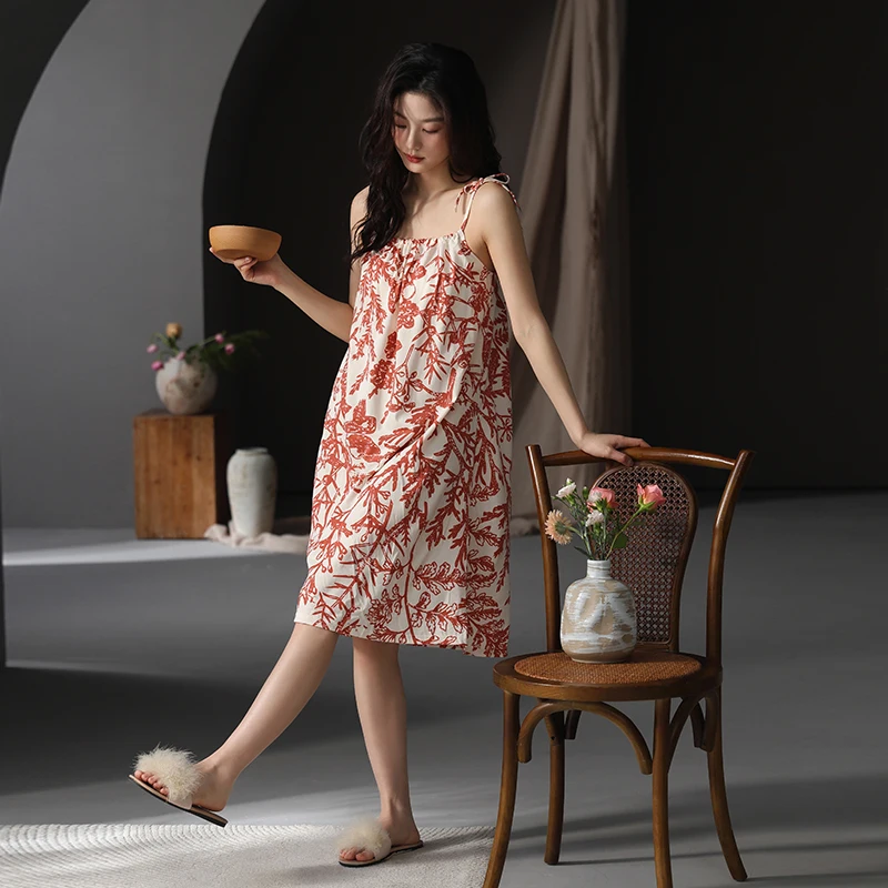 

New Arrival Summer Women Nightdress With Chest Pad Femme Knited Cotton Nightwear Floral Sling Sleepdress