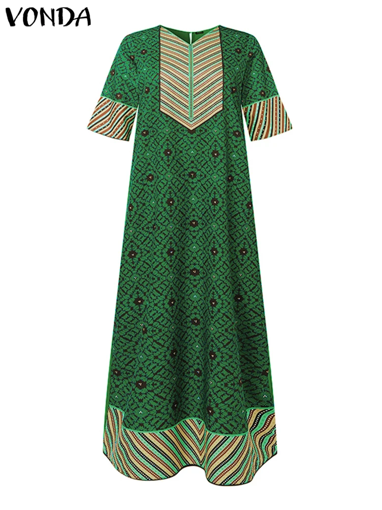 

Plus Size 5XL VONDA 2025 Women Bohemian Long Maxi Dress Vintage Printed Sundress Casual Loose V-Neck Half Sleeve Robe Oversized