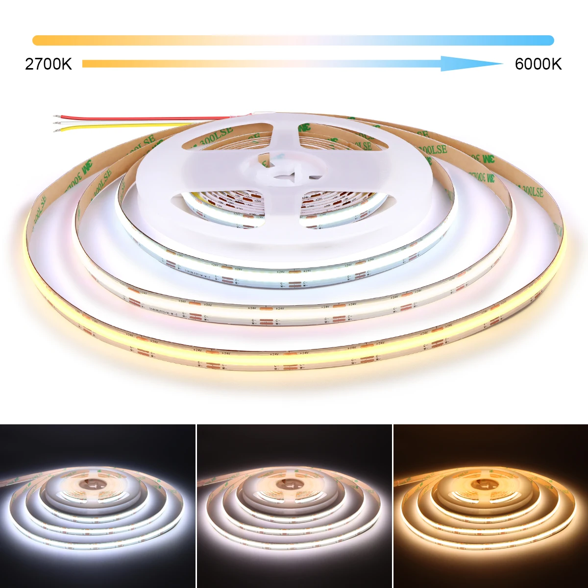 5M COB CCT LED Strip Light 2700K to 6500K Changeable 608 LEDs/m Flexible RA90 Dimmable FOB Led Linear Lights DC12V 24V