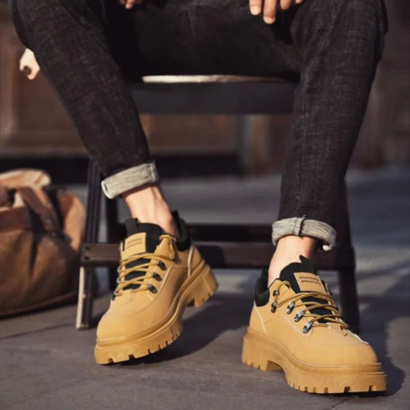 

Men's Work Shoes 2025 Autumn New Fashion Lace Up Vintage Platform Sneakers Outdoor Non Slip Height Increase Casual Leather Shoes