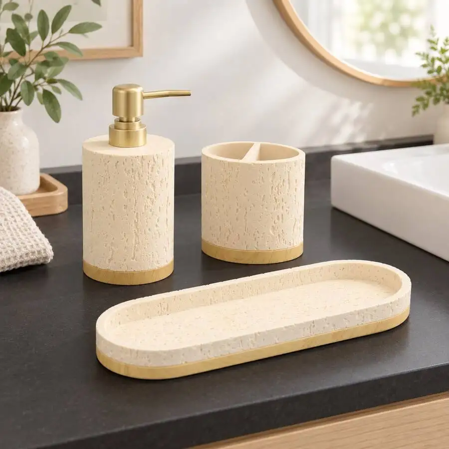 4-Piece Set Hollow Stone Bathroom Accessories, Bathroom Supplies Combination, Includes Lotion Bottle, Toothbrush Holder, Mouthwa