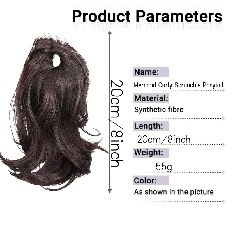 Women Synthetic Mermaid Wave Scrunchie Ponytail Wig, Short Micro Flip Elastic Ponytail Extension, Natural Fluffy Hair Piece Kpop
