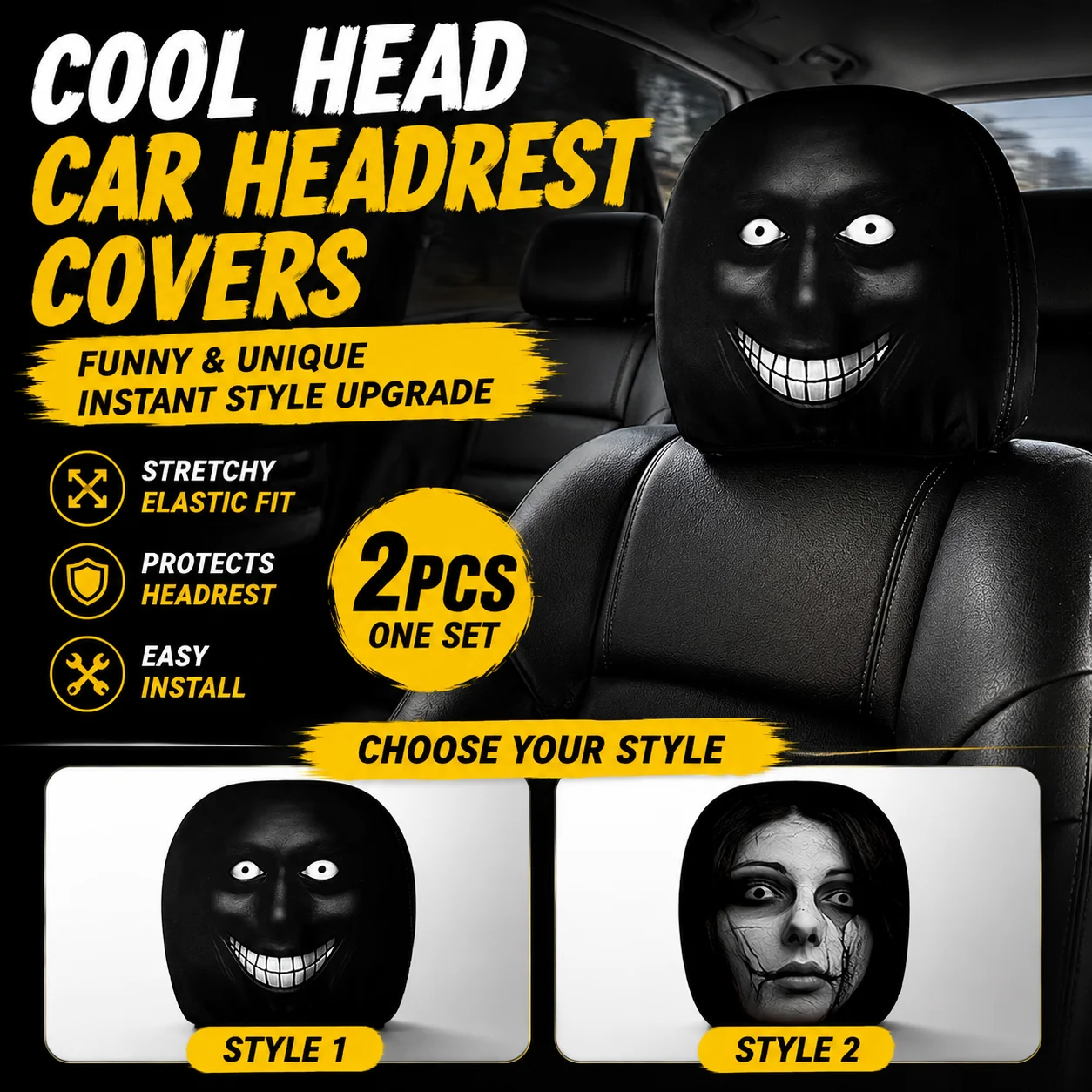 Scary Grinning Demon/Ghost Lady Print Car Head Rest Cover Stretch Washable Headrest Protector Universal Funny Car Decoration