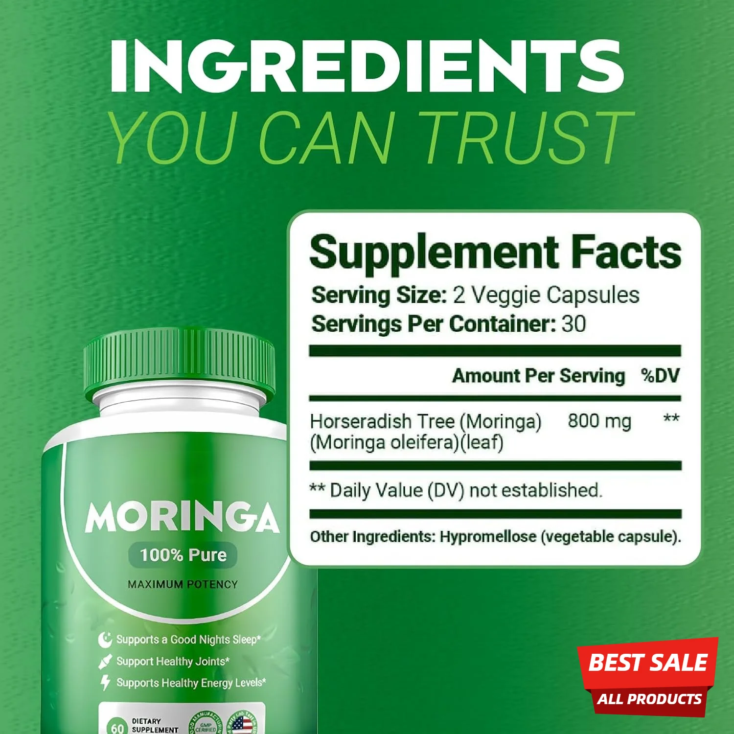 Moringa Powder Capsules - Pure Nutrient-Rich Moringa Powder - Supports Energy, Skin Health, Gut Health+