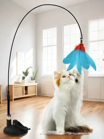 Cat Teaser Toy Cat Teaser Pole With Feather Bell Extended Rod Suction Cup Durable Bite Teaser Stick Replaceable Feather Head