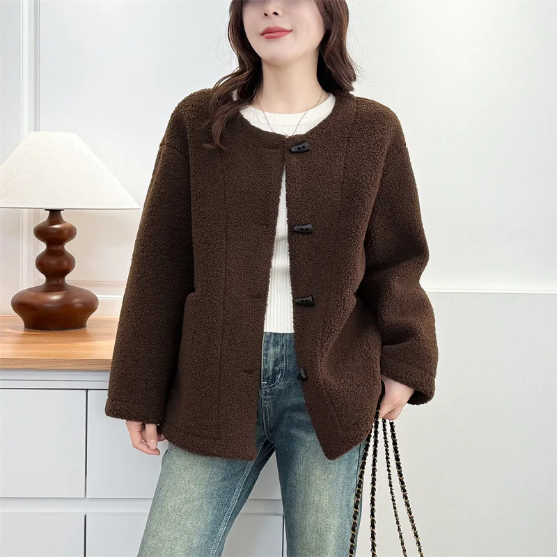 Autumn Winter Faux Lamb Wool Jacket For Women Round Neck Simple Splicing Thick Jackets French Casual Fashion Warm Overcoat 2