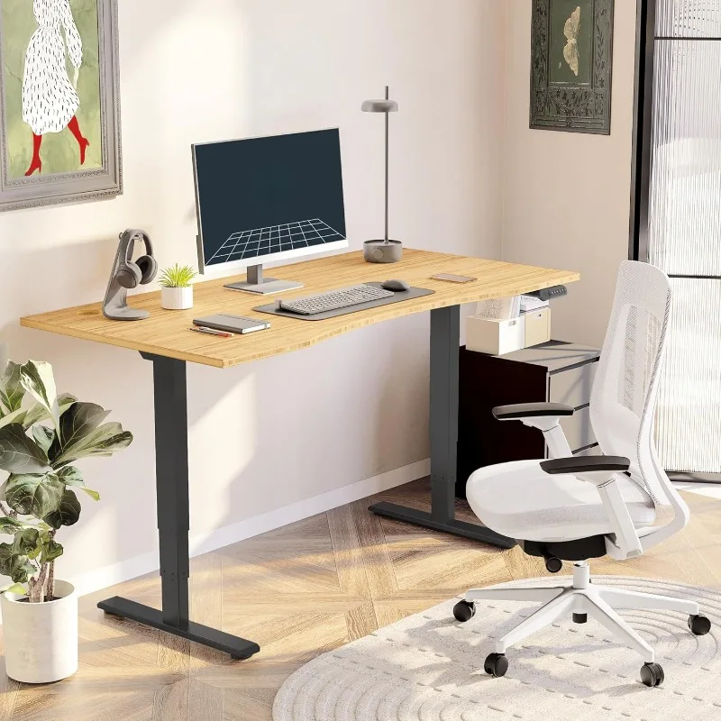 Wood 3 Stages Dual Motor Electric Standing Whole-Piece Board Height Adjustable Desk Stand Up Desk Black Frame and Curved Desktop