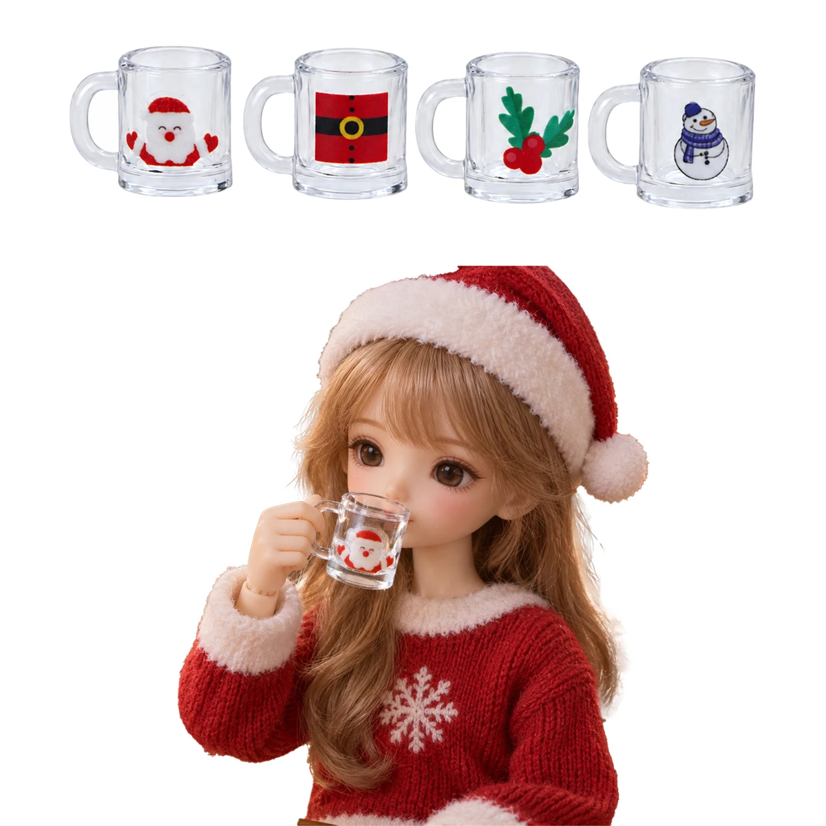 4Pcs Mini Christmas Resin Mugs Santa Snowman Patterns Dollhouse Miniature Water Cups for Holiday Elf Drinkware Decor Accessories