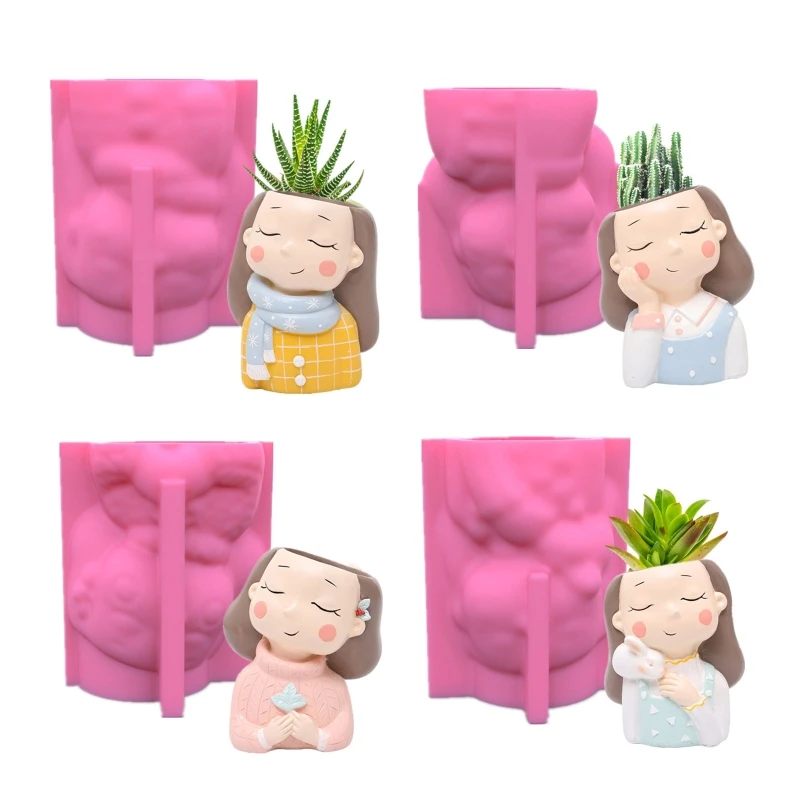 

Y1UB Handmade Girl Flower Pot UV Epoxy Resin Mold Pen Holder Holder Cement Pot Planter Silicone Mould DIY Crafts