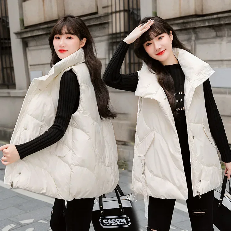 Autumn Winter Women's Stand Collar Warm Cotton Vest Solid Rhombic Sleeveless Big Pocket Coat Ladies Zipper Loose Jacket