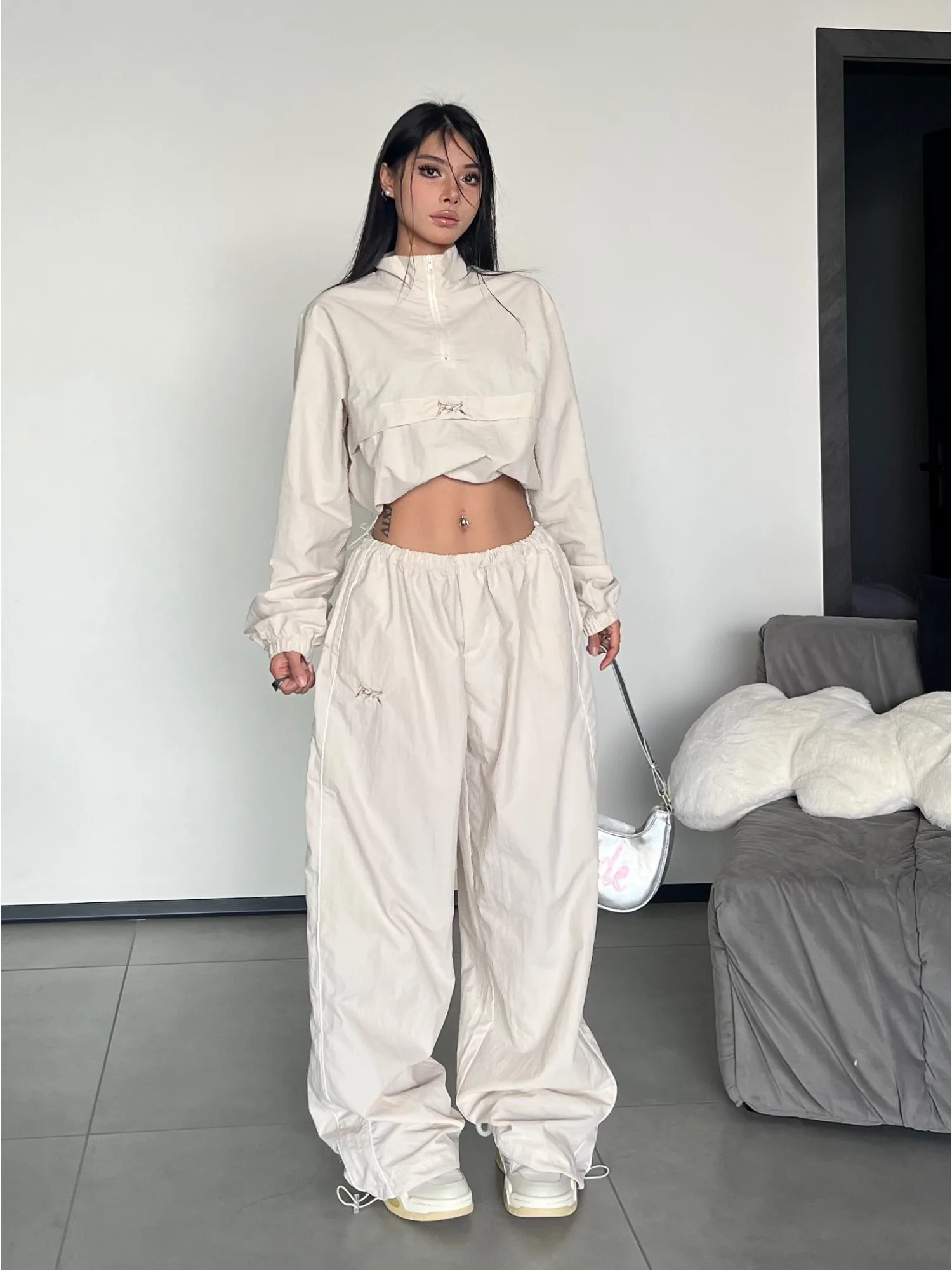 QWEEK Y2K Streetwear Khaki Pants Sets Women Gorpcore Vintage 90s Beige Tracksuit Oversized Kpop Fashion Harajuku Two Piece Set