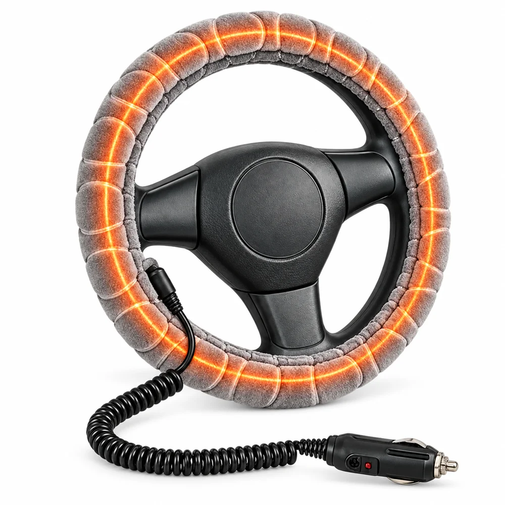 Universal Heated Steering Wheel Cover 12V Car Winter Hand Warmer 38cm Wheels Soft Plush Heating Cover with Coiled Cord