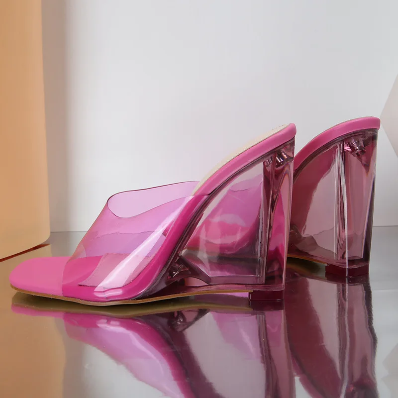 High Heels Big Size Ladies Slides Summer Crystal Sandals 2022 Wedges Slippers Heels Fashion Transparent Shoes for Women Pumps