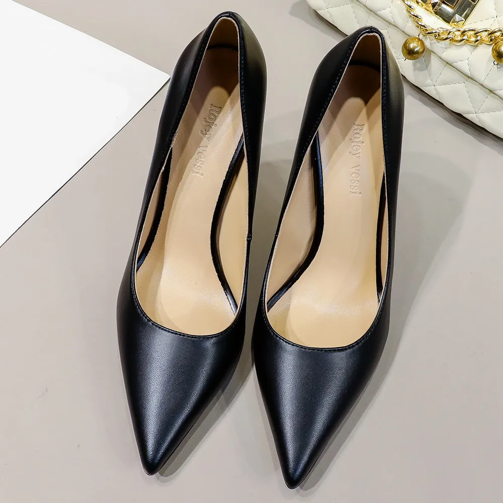 Sexy Fashion Women\'s Soft Leather Pumps Spring New Thin High Heels Dress Wedding Party Shoes Ladies Stiletto Black Big Size B000