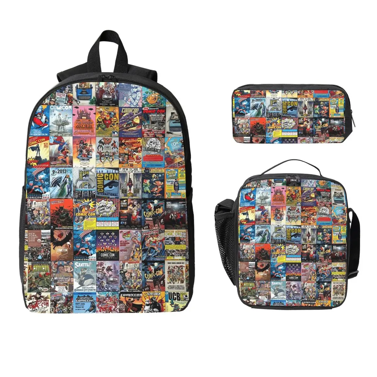 Comic Con Backpack Student Boys Girls BookBag School Bag Computer Shoulder Bags 3ps Insulated Lunch Bag Pencil Case