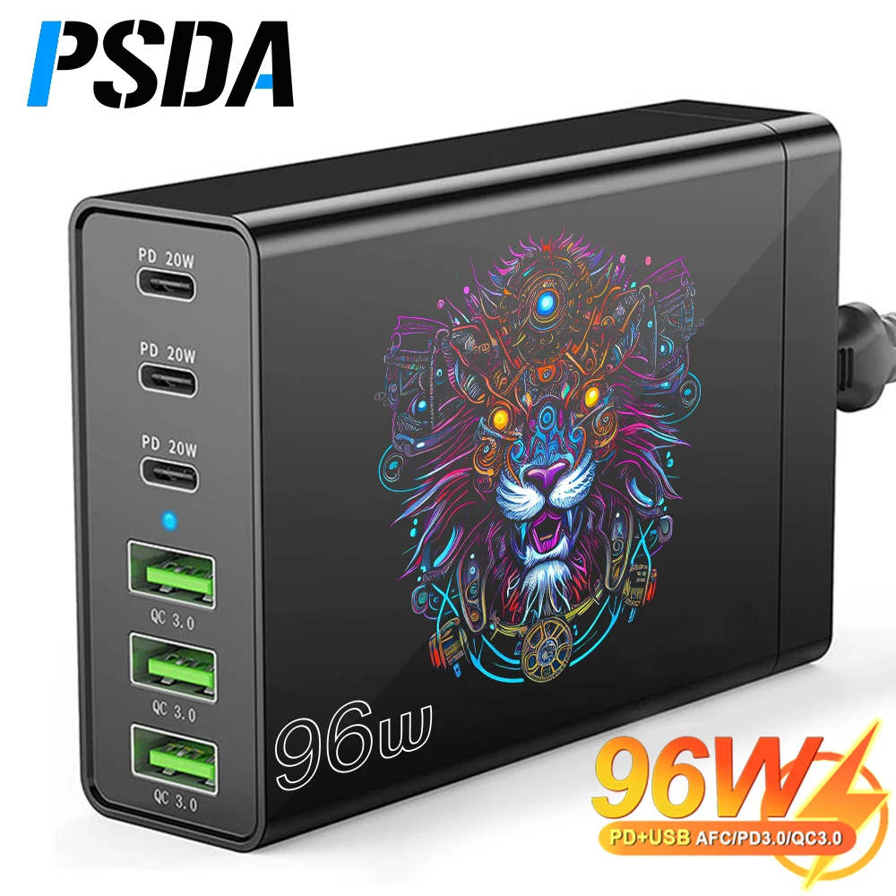 PSDA 3D 96W 6-Port Desktop USB Charging Station with 3 USB-C Ports and QC3.0 Ports PD 20W Fast Charger for Phone iPad Samsun