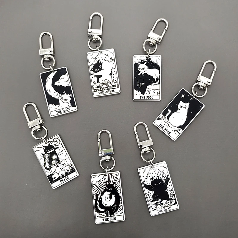 Acrylic Black White Cat Tarot Card Game Keychain Key Ring For Women Men Creative Funny Animal Pendent Bag Box Car Holder Jewelry