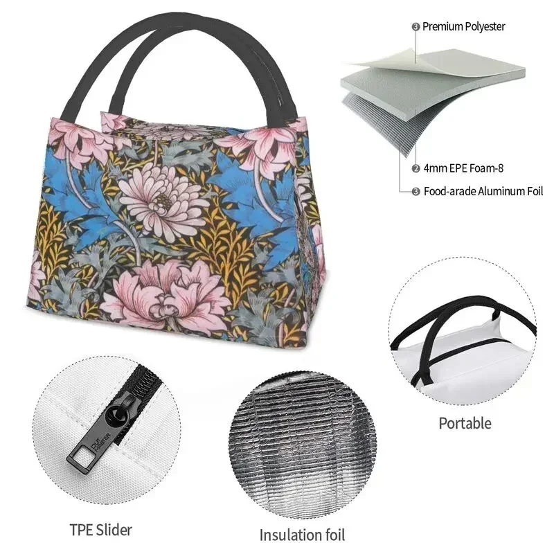 William Morris Chrysanten Bloemen Ontwerp Geïsoleerde Lunch Tas Voor Outdoor Picknick Vintage Bloemen Thermische Koeler Bento Box