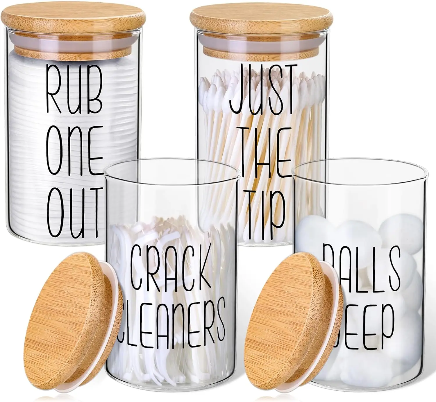 

4 Pack Glass Qtip Holder with Bamboo Lids for Bathroom Organization, Apothecary Jars for Cotton Balls, Swabs & Floss