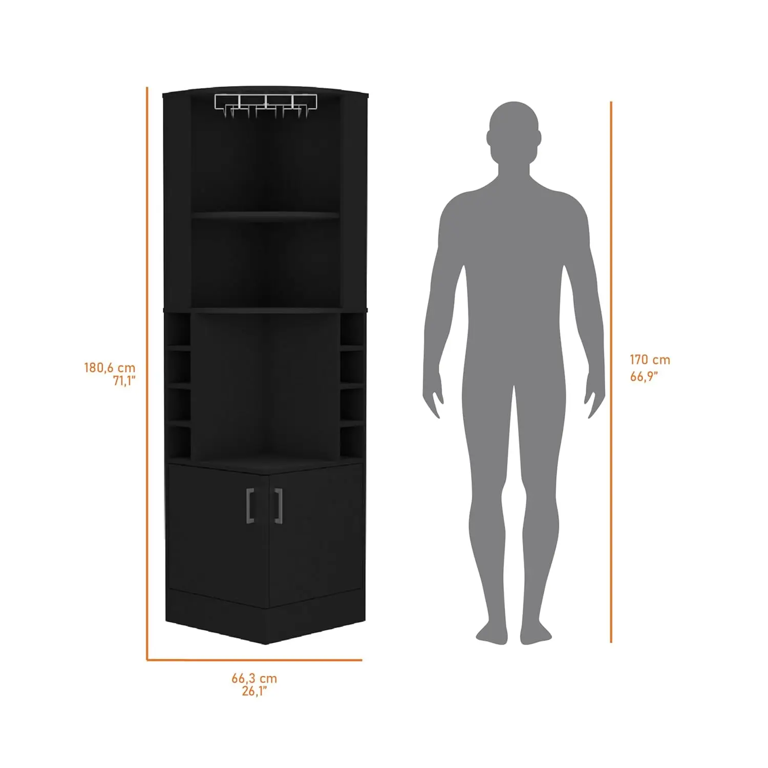 71" Tall Corner Bar Cabinet with Shelves Doors Built-in Wine Rack for Small Space Black, Customized
