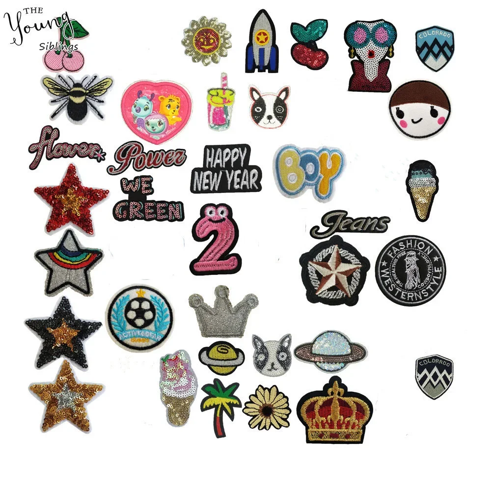 Смесь мультфильмов, нашивки для одежды, буквы, корона, вышитая аппликация, значки с блестками, тканевые наклейки, DIY Швейные аксессуары