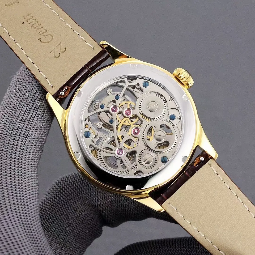 SEAKOSS 42mm orologi Tourbillon da uomo in vera pelle meccanico impermeabile a mano orologio da polso a vento di fascia alta scheletro dorato mucca