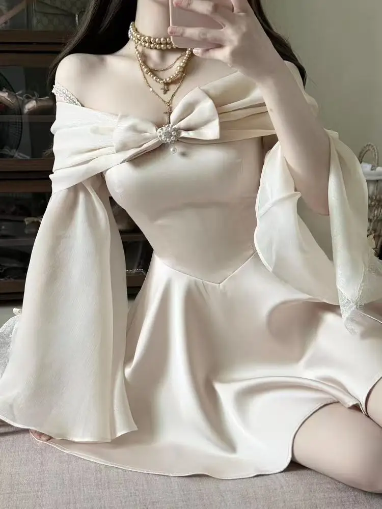 

Французское элегантное милое дизайнерское платье с бантом, женское осенне-зимнее модное вечернее платье на подтяжках, новый дизайн, тонкая одежда с длинными рукавами