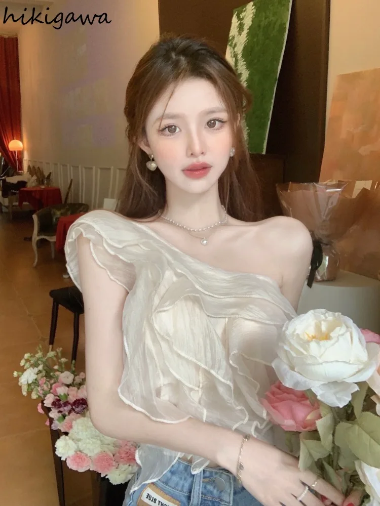 2024 Blusas De Mujer Summer Blouse for Women Off Shoulder Chiffon Crop Tops Sweet Ruffles Solid Color Sexy Blouses Shirts 27v089