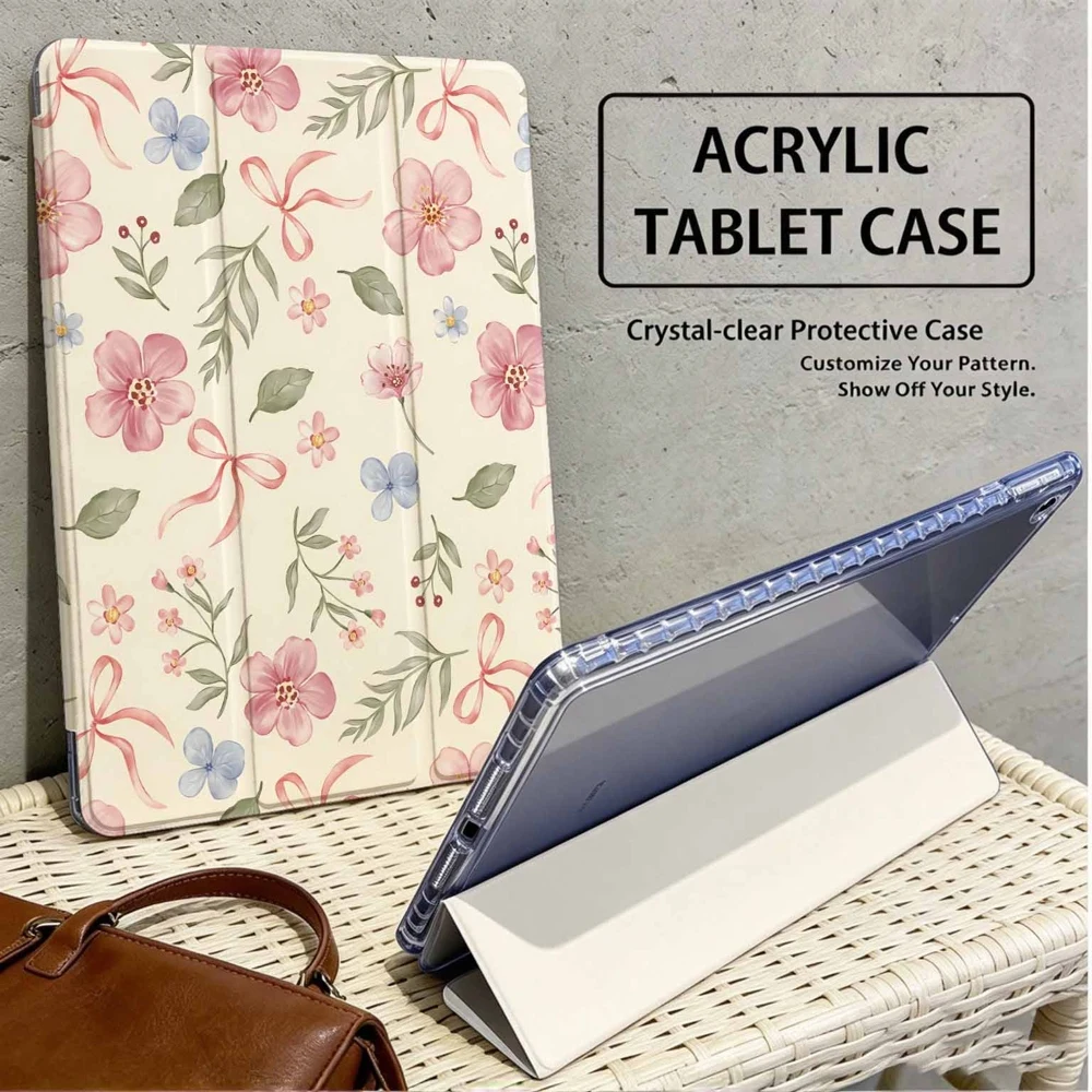 Soft Watercolor Floral Ribbons For Samsung Galaxy Tab A8 A9 A11 S6 S7 S8 S9 S10 S11 FE Plus Lite With Pen Slot Tablet Case