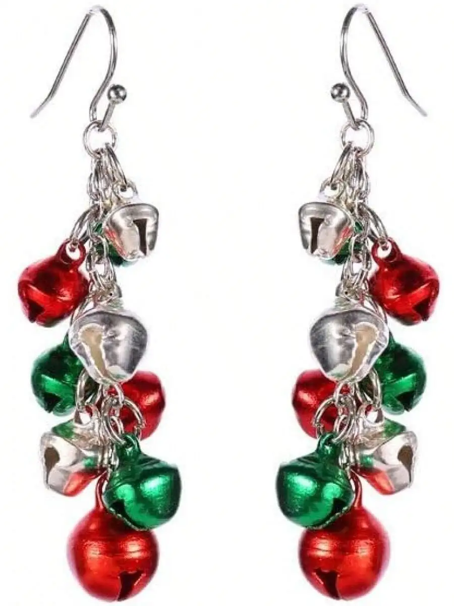 

Alloy Red Green Silver Jingle Bell Dangle Earrings Fish Hook Festival Party Jewelry