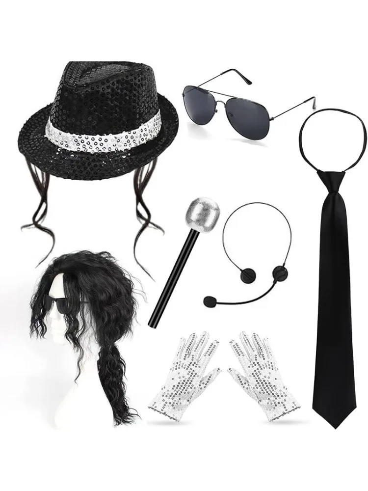 2026 Jackson-Style Pailletten-Hut-Krawatte-Handschuh-Set Funkelndes Disco-Kostüm für Kinder Tanzparty Halloween Bühnenauftritt Cosplay-Outfit