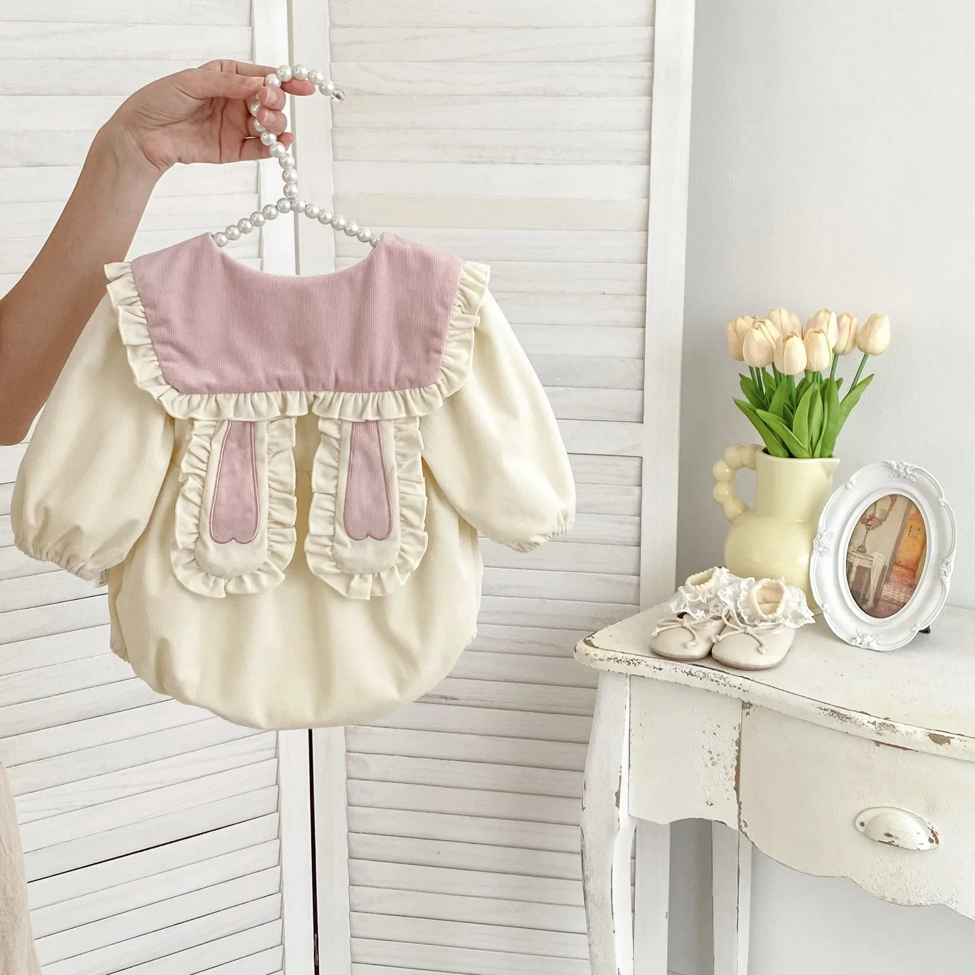 2024 Autumn Baby Girls Bodysuit 0-2 Y Cute Bunny Ear Turn Down Collar Toddler Jumpsuit Infant Long Sleeve One Piece Clothes