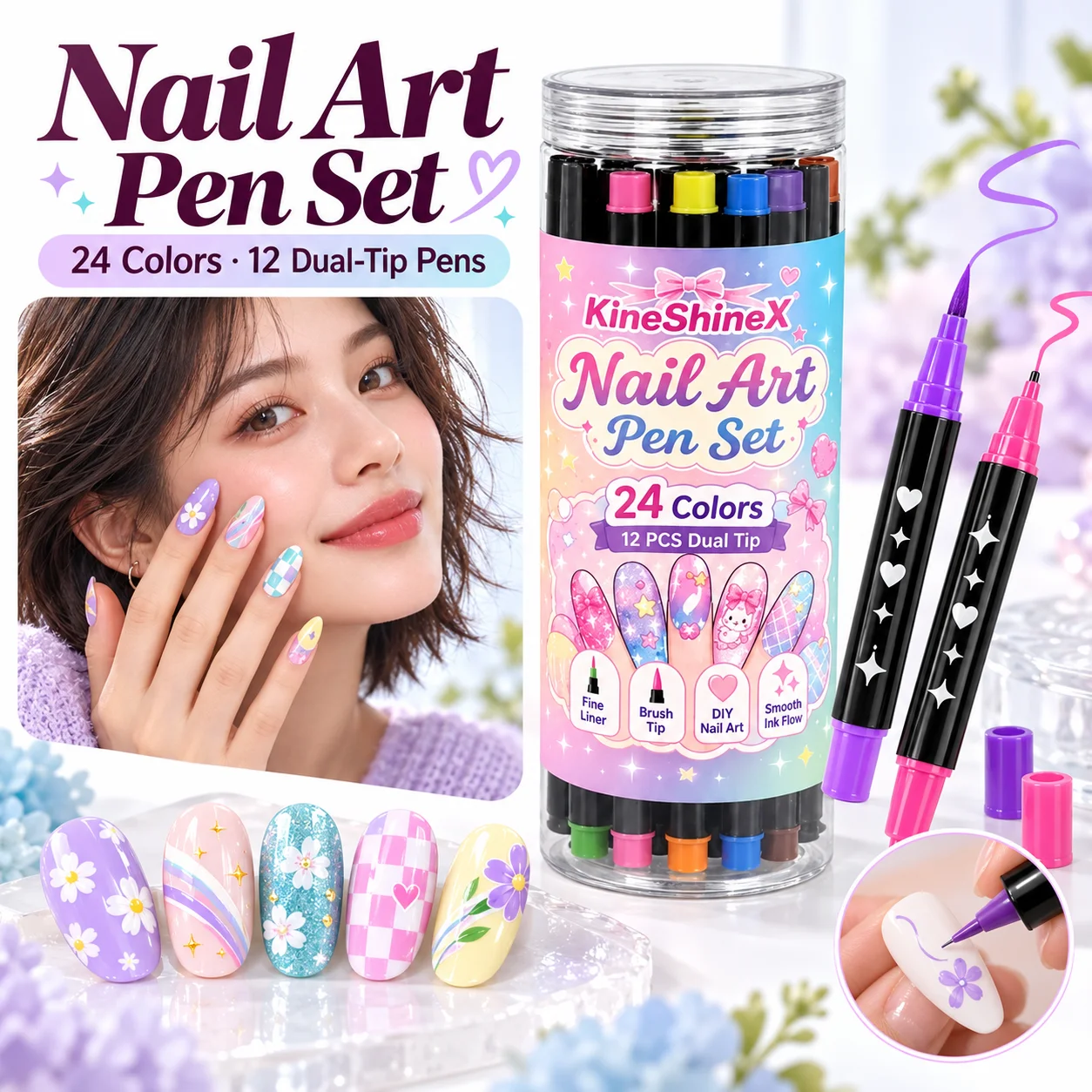 12PCS 24 Colors Double Headed Nail Art Pens Fine Liner Brush Tips Quick Dry Acrylic Paint Markers DIY Manicure Design Tools