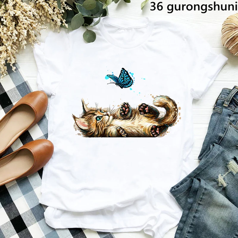 

Tee Shirt Femme Butterfly Kiss Kitten Cartoon Print Women Tshirt Summer Aesthetic Korean Style Clothes Fashion Women'S Shirt Top