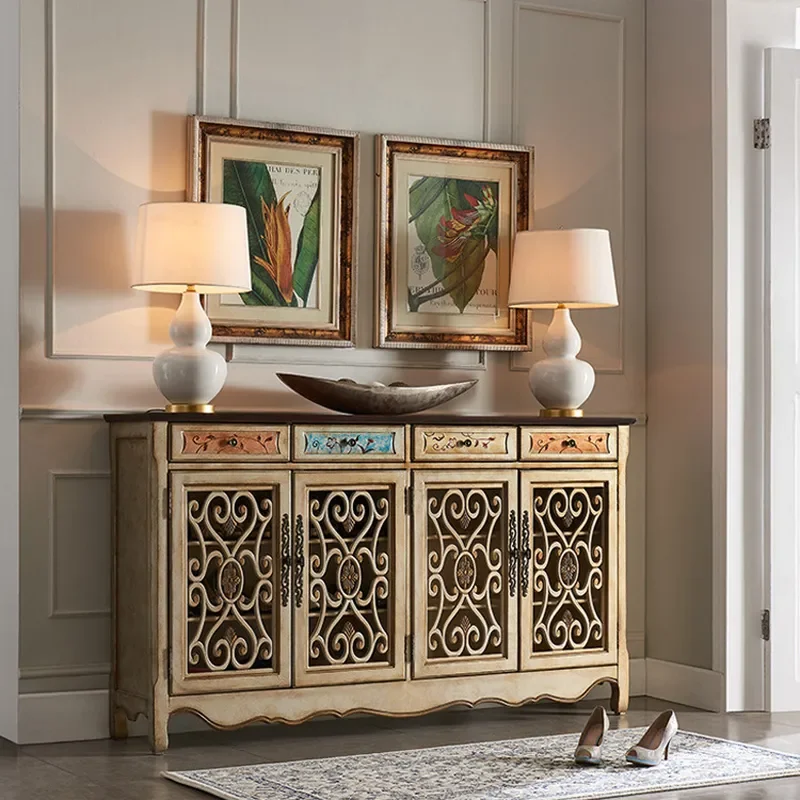 1.8m Tall Champagne Solid Wood Shoe Cabinet Hollow Door Entryway Storage Sideboard Luxury Foyer Console