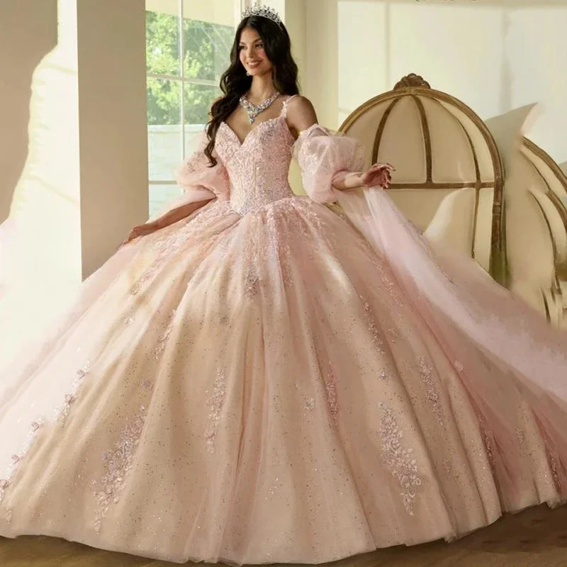 

Вечернее платье Quinceanera с v-образным вырезом на бретельках и блестками, пышными рукавами, 2024, бальное платье длиной до пола, платье для выпускного вечера со шлейфом