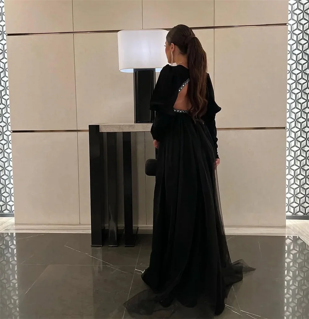 Zwarte kralen lange mouwen op maat gemaakte gelegenheidsjurk avondjurken Pastrol Unisex Jersey Retro Dubai Saoedi-Arabisch Prom aangepast