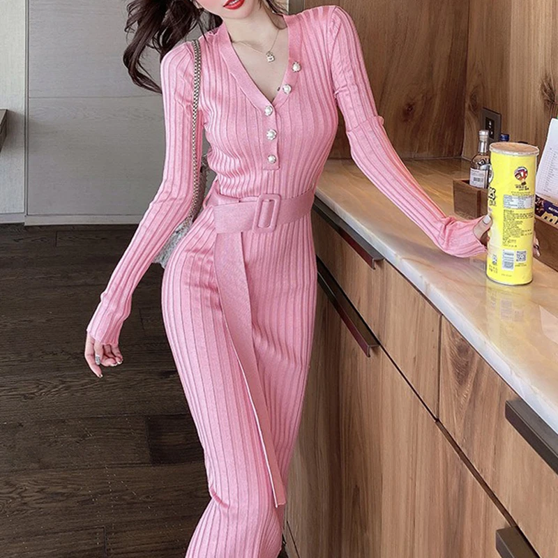 YuooMuoo2024 outono inverno feminino vestido de malha com nervuras elegante com decote em v botões bodycon camisola vestido com cinto senhora escritório vestido