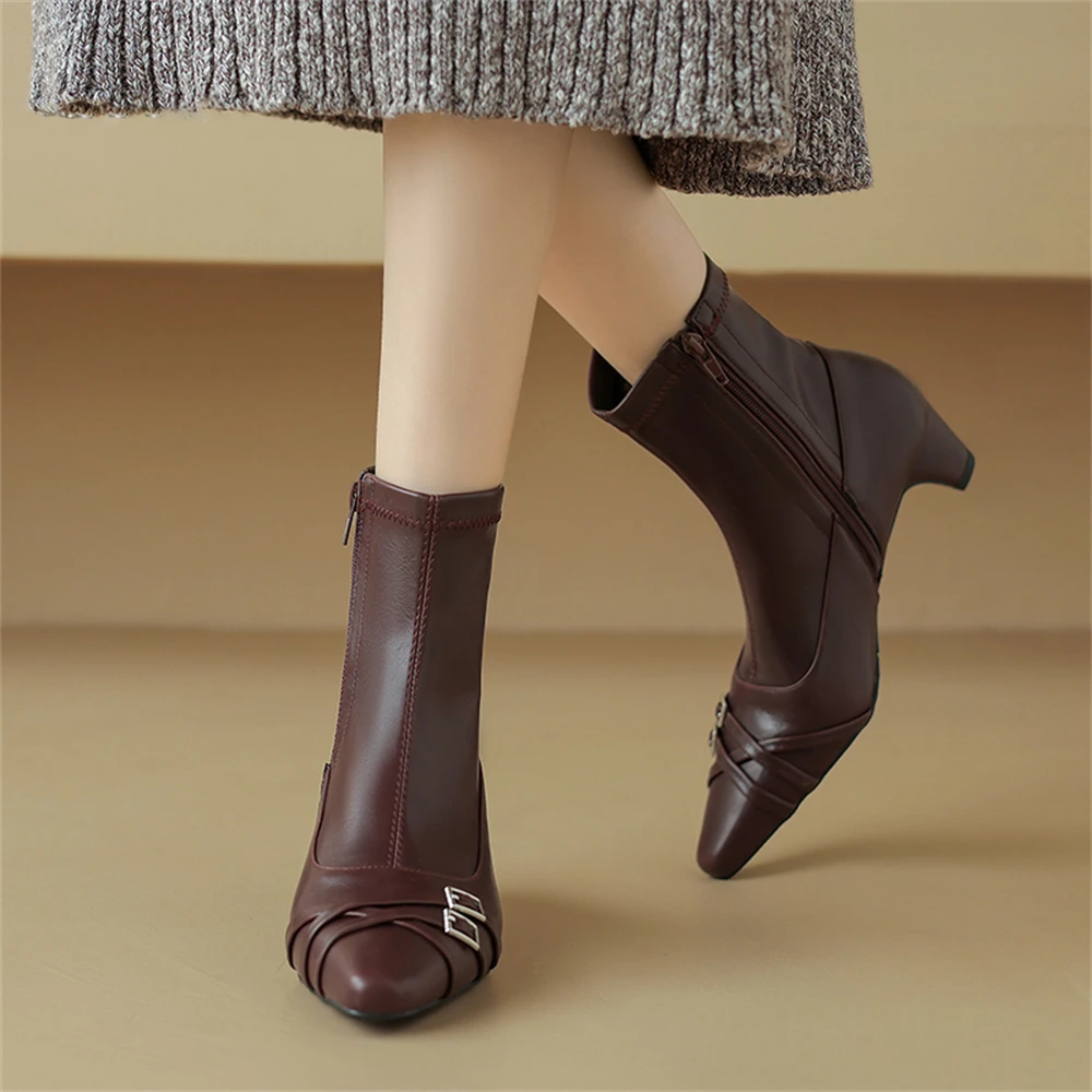 FEDONAS Autumn Winter Women Buckles Ankle Boots Sexy Pointed Toe Dance High Heels Pumps Fashion Genuine Leather Shoes Woman