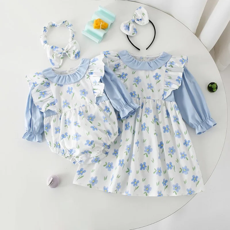 2024 Children Twin Sister Matching Outfit Korean Style Floral Dress for Baby Girls Spring Kids Lace Collar Printed Cotton Dress