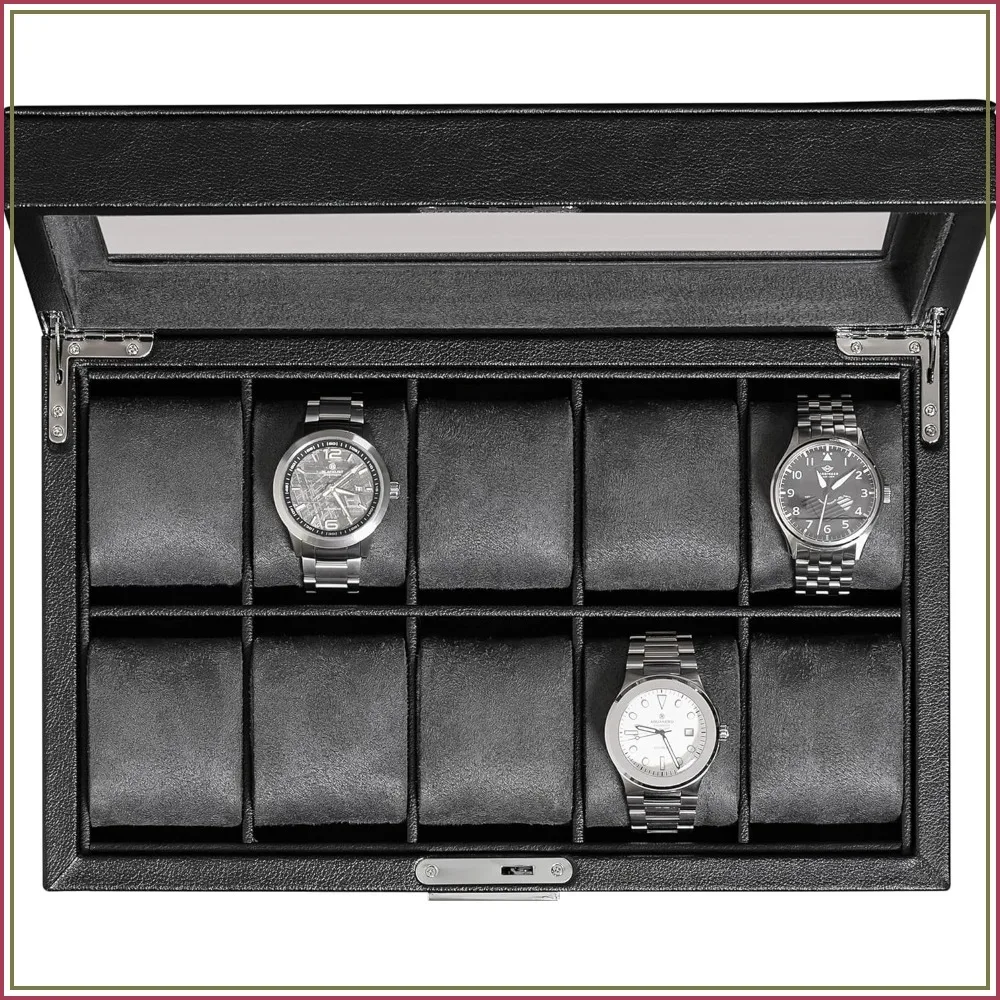 

10 Slot Leather Watch Box - Luxury Display Case with Locking Glass Top, Jewelry Organizer for Men and Women (Black/Grey)